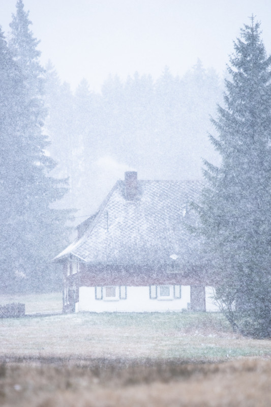 Haus am Wald im Schneefall