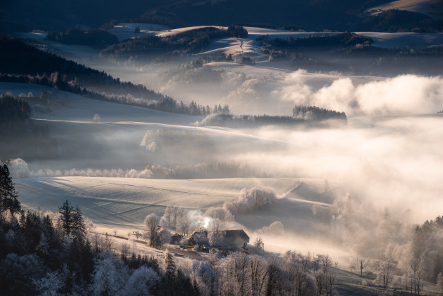 Nebel, Reif und Morgenlicht bei St. Peter